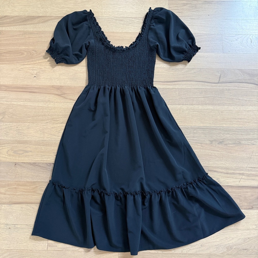 Hill House Home The Nap Dress Women Small Black Smocked Puff Sleeve Midi 13102